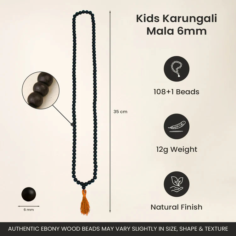 Karungali Malai 6mm for Kids (108+1 Beads) Original Ebony Wood (Govt. Certified)