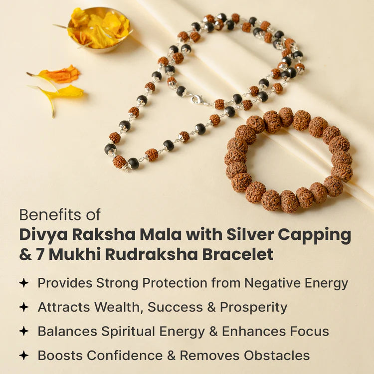 Divya Raksha Rudraksha & Karungali Mala with FREE 7 Mukhi Rudraksha Bracelet