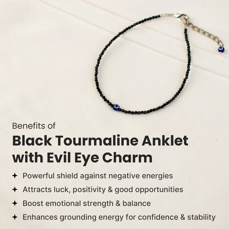 Black Tourmaline Anklet with Evil Eye Charm